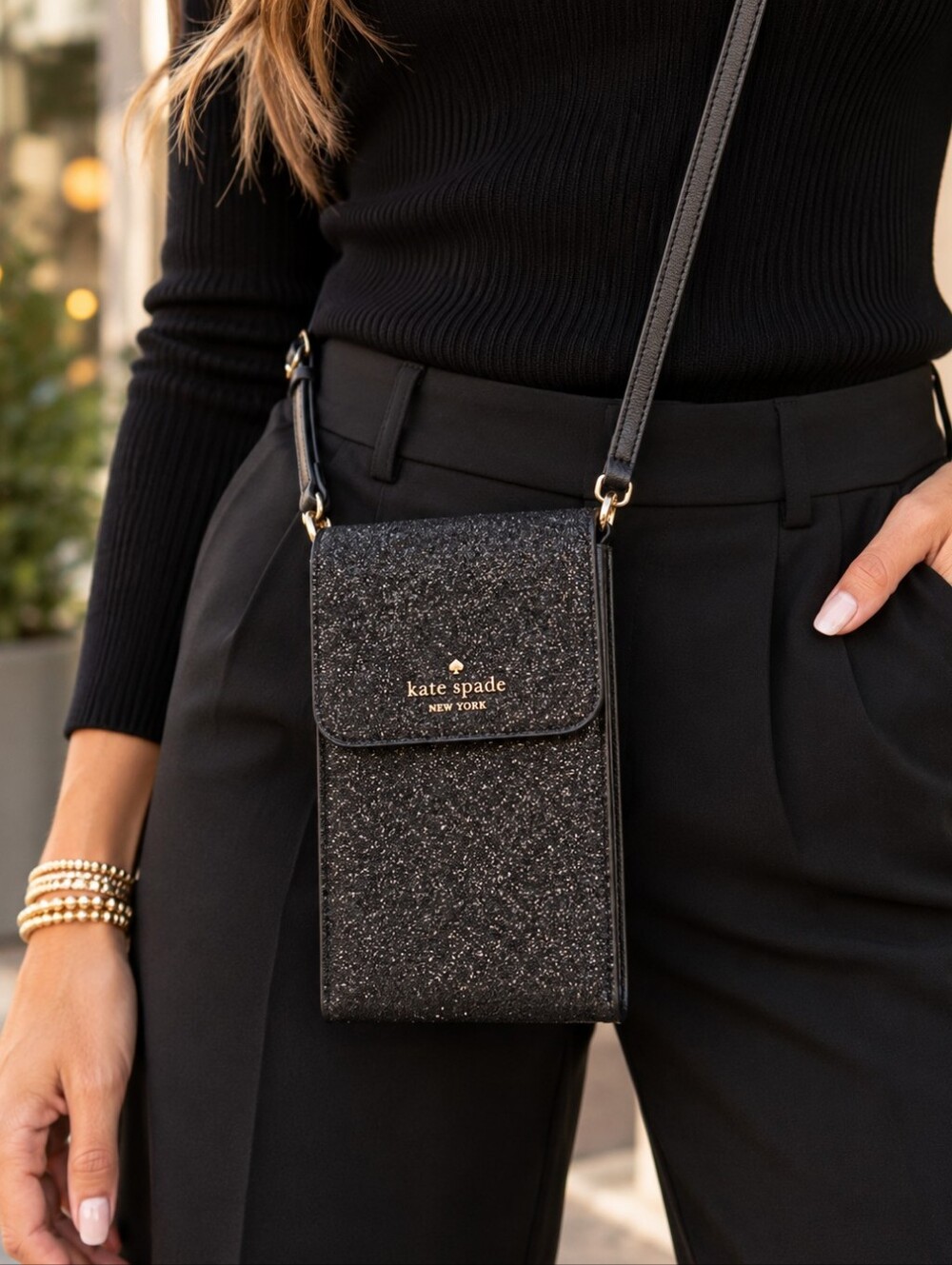 kate spade Lola Black Glitter North South Crossbody Phone Bag
